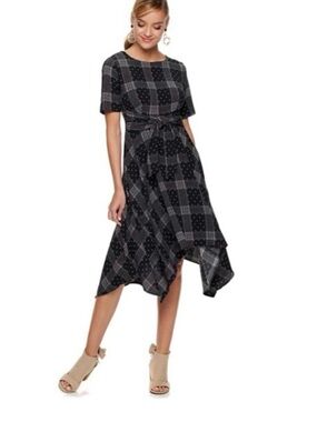 Elle Handkerchief Black & White Plaid/polkadot High-Low Tie-Waist Dress